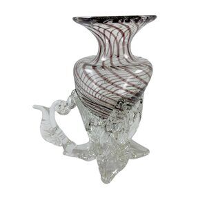 Murano Art Glass Swirled Vase Applied Clear Base and Dolphin Handle